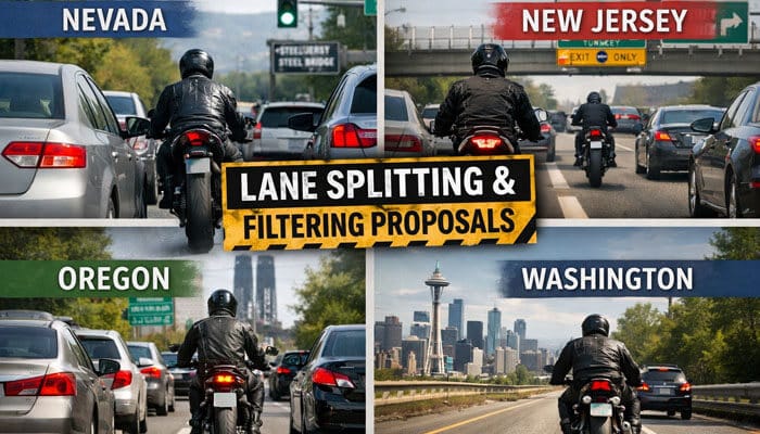 Other States with Proposals for Lane Splitting Filtering - My Legal Opinion - My Legal Opinion Composite of riders lane splitting in Nevada, New Jersey, Oregon, and Washington traffic, illustrating states with lane splitting and filtering proposals while emphasizing the core question “Is Lane Splitting Legal in Nevada” within evolving U.S. motorcycle laws.