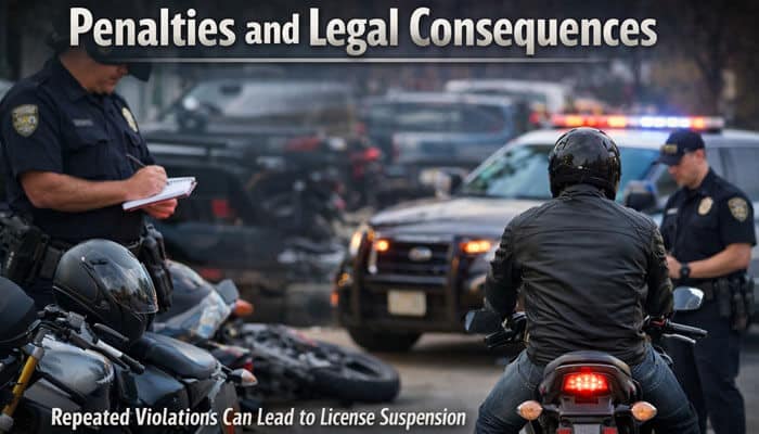 Penalties and Legal Consequences - My Legal Opinion - My Legal Opinion Motorcyclist pulled over by police after lane‑splitting incident, illustrating legal penalties and enforcement related to “Is Lane Splitting Legal in Nevada” and consequences under Nevada traffic laws.