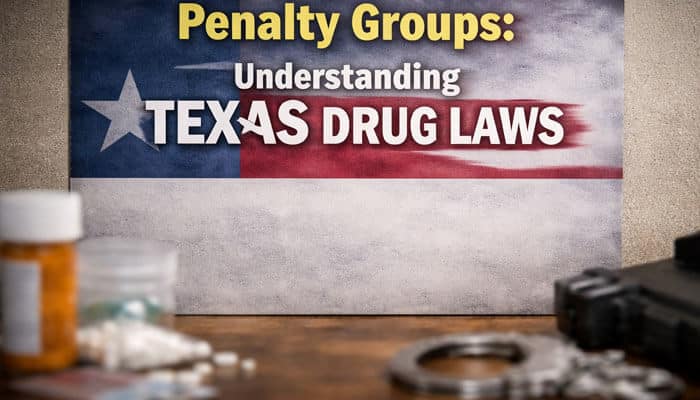 Penalty Groups Understanding Texas Drug Laws - My Legal Opinion - My Legal Opinion First‑Time Drug Possession Charges in Texas depicted with law enforcement symbols such as handcuffs, a gun, prescription drugs, and Texas state flag. A visual representation of drug-related offenses categorized by Texas law enforcement, specifically highlighting penalty groups under state regulations.