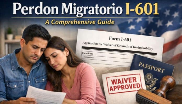 Perdon Migratorio I-601: Comprehensive Guide for Waiver of Grounds of Inadmissibility, showing a couple reviewing the I-601 form with approved waiver notice, passport, and U.S. immigration documents. A crucial step in addressing inadmissibility for U.S. immigration purposes, ensuring transparency, accuracy, and legal compliance in the application process.