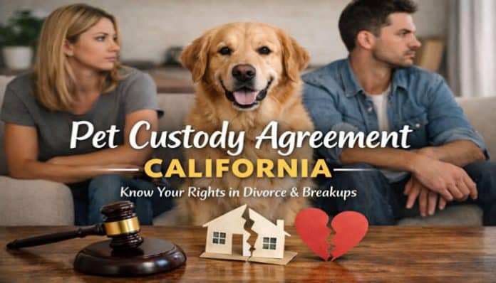 Pet Custody Agreement California: A man and woman sitting apart, with their golden retriever between them, symbolizing the emotional and legal challenges of pet custody in divorce and breakups. A judge's gavel and broken home paper cutouts illustrate the legal aspect of the custody dispute.