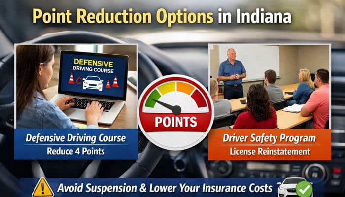 Point Reduction Options - My Legal Opinion - My Legal Opinion Point Reduction Options in Indiana showing defensive driving course reducing 4 points and driver safety program to help understand how many points to suspend license in Indiana, with dashboard gauge indicating points and text about avoiding suspension and lowering insurance costs.