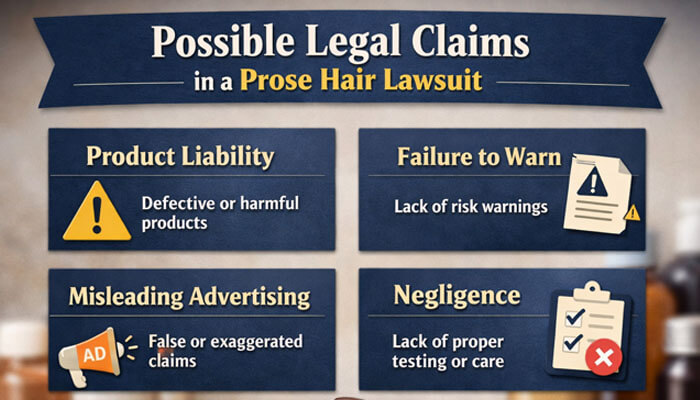 Possible Legal Claims in a Prose Hair Lawsuit - My Legal Opinion - My Legal Opinion Possible legal claims in a Prose Hair Lawsuit, including product liability, failure to warn, misleading advertising, and negligence with icons for each claim.