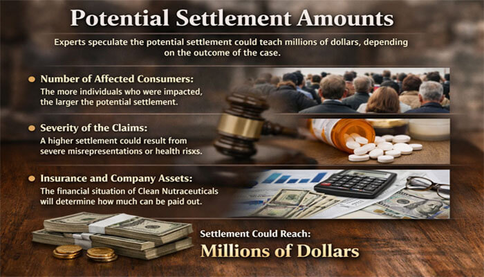 Potential Settlement Amounts - My Legal Opinion - My Legal Opinion Potential Settlement Amounts for the Clean Nutraceuticals Lawsuit – Image displaying factors influencing the settlement, including the number of affected consumers, severity of claims, and the financial situation of Clean Nutraceuticals, with a focus on millions of dollars in potential settlement.