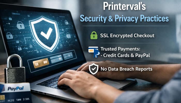 Printervals Security and Privacy Practices - My Legal Opinion - My Legal Opinion Is Printerval Legit? Security and privacy practices infographic showing SSL encrypted checkout, trusted credit card and PayPal payments, and no data breach reports to reassure users about Printerval’s legitimacy.