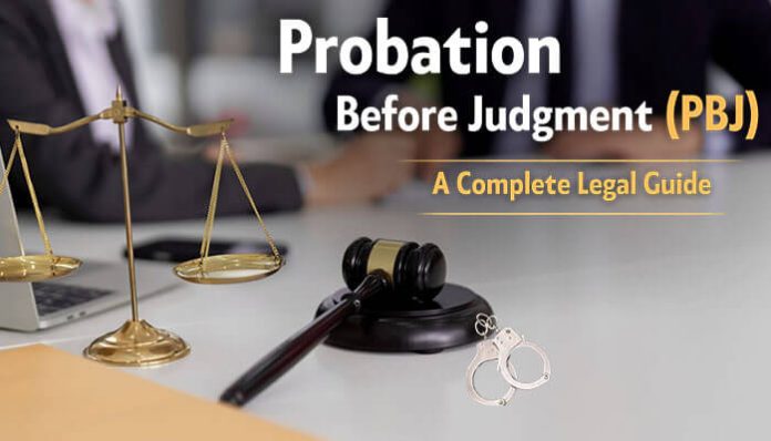 Probation Before Judgment (PBJ) legal guide with gavel, scales of justice, and handcuffs on a law desk, representing the legal process.