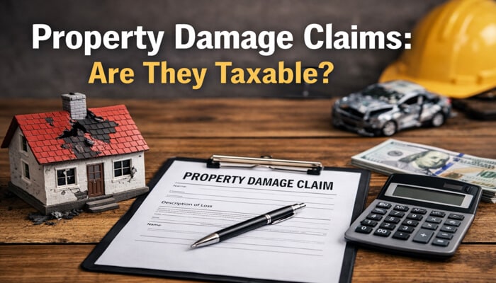Property Damage Claims Are They Taxable - My Legal Opinion - My Legal Opinion Image showing a property damage claim form with a damaged house model, wrecked car toy, cash, and calculator, with the focus keyword Are Car Accident Settlements Taxable prominently displayed, exploring the tax implications of accident settlements.