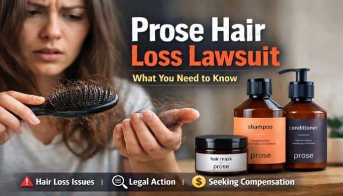 Prose Hair Loss Lawsuit: Woman experiencing hair loss while brushing, with Prose shampoo, conditioner, and hair mask on display. Legal action related to hair loss issues