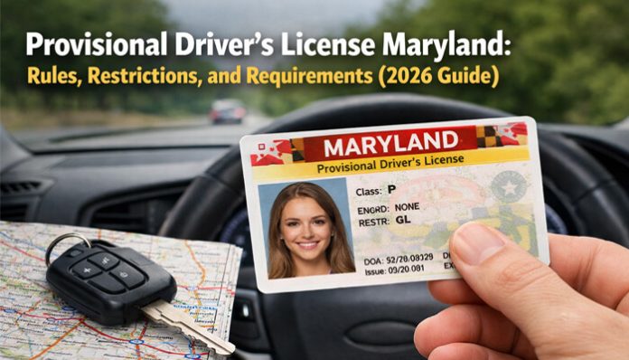 Provisional Driver’s License Maryland: Rules, Restrictions, and Requirements 2026 Guide. An individual holding a Maryland provisional driver's license with keys and a map in the background.