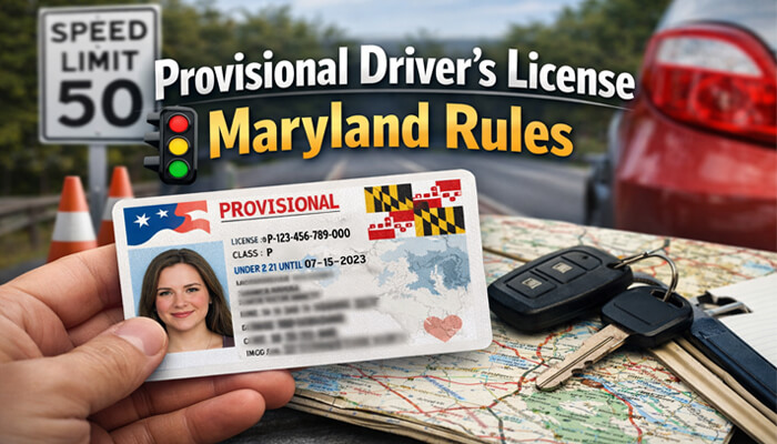 Provisional Drivers License Maryland Rules - My Legal Opinion - My Legal Opinion Provisional Driver’s License Maryland Rules. A person holding a Maryland provisional driver’s license with a road sign and a car in the background.