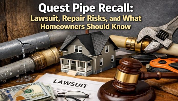 Quest Pipe Recall featured image showing leaking polybutylene pipes, plumbing tools, a house model, cash, and a lawsuit document to illustrate lawsuit history, repair risks, water damage concerns, and homeowner replacement decisions.