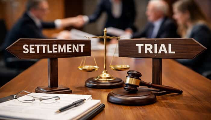 Reaching Settlement or Proceeding to Trial - My Legal Opinion - My Legal Opinion Cook IVC Track to Settlement Negotiation Status - Legal signs showing settlement and trial options, representing the decision-making process in the Cook IVC settlement negotiation.