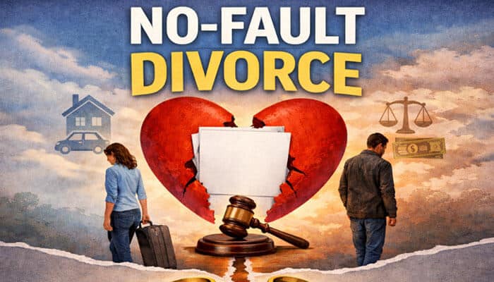 Real-Life Scenarios Where People Might Face Challenges - My Legal Opinion - My Legal Opinion Is Arizona a No-Fault Divorce State: A broken heart symbolizing no-fault divorce, with two people walking away from a broken relationship, alongside a gavel and legal icons