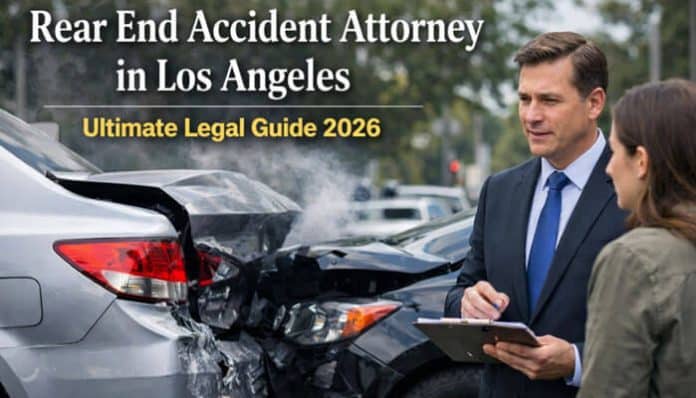 Rear-End Accident Attorney in Los Angeles discusses legal options with a client after a car collision. Ultimate Legal Guide for 2026.