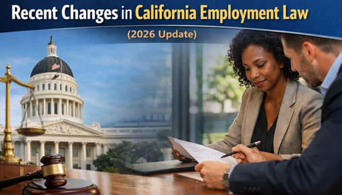 Recent Changes in California Employment Law 2026 Update - My Legal Opinion - My Legal Opinion Wrongful Termination in California: Understanding Recent Legal Changes (2026 Update). A professional consultation scene with a diverse lawyer and client discussing legal documents, set against the backdrop of the California State Capitol building. This image highlights the recent changes in California employment law, including updates on wrongful termination claims, employee protections, and legal procedures for 2026.