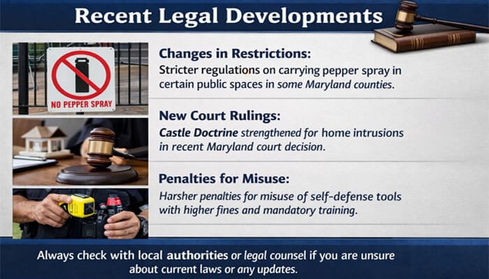 Recent Legal Developments - My Legal Opinion - My Legal Opinion Image showing recent legal developments regarding pepper spray in Maryland, including stricter restrictions, the Castle Doctrine ruling, and harsher penalties for misuse. It features a 'No Pepper Spray' sign, a gavel, and a person holding a taser in a legal context.
