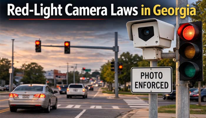 Red-Light Camera Laws in Georgia - My Legal Opinion - My Legal Opinion Does Georgia Law Require You to Stop Before Turning Right on a Red Light? Georgia red-light camera enforcement image showing a photo enforced intersection, traffic signal, and vehicles at a monitored roadway