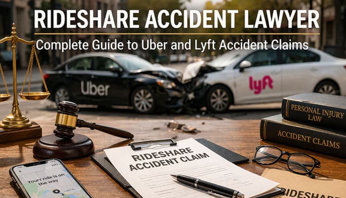 Rideshare accident lawyer with a gavel, legal documents, and cars from Uber and Lyft in the background. Learn how to navigate Uber and Lyft accident claims with expert legal assistance.