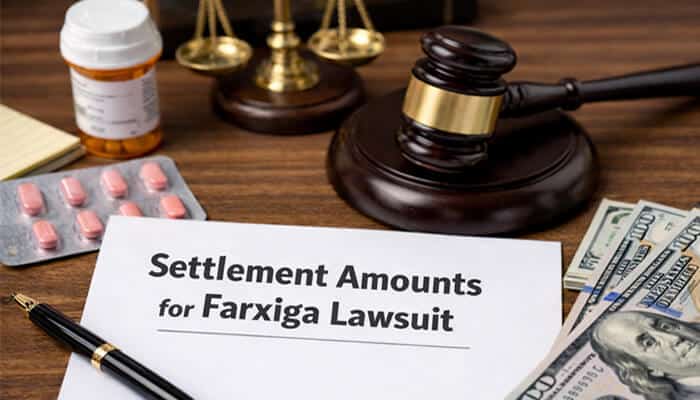 Settlement Amounts for Farxiga Lawsuit - My Legal Opinion - My Legal Opinion Farxiga Lawsuit: Settlement amounts, legal claims, and compensation details related to the Farxiga drug, shown with gavel, pill bottle, and cash on legal documents.