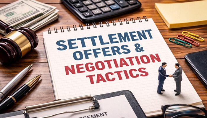 Settlement Offers and Negotiation Tactics - My Legal Opinion - My Legal Opinion Cook IVC Track to Settlement Negotiation Status - Legal documents and figures representing settlement and negotiation.