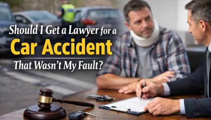A man in a neck brace discusses his car accident case with a lawyer, asking 'Should I get a lawyer for a car accident that wasn’t my fault?' with a gavel and legal documents on the table.