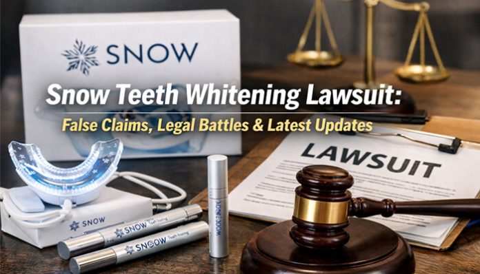 Snow Teeth Whitening Lawsuit: False Claims, Legal Battles & Latest Updates - Image showcasing the Snow Teeth Whitening kit, including the LED mouthpiece and a gavel symbolizing legal proceedings.
