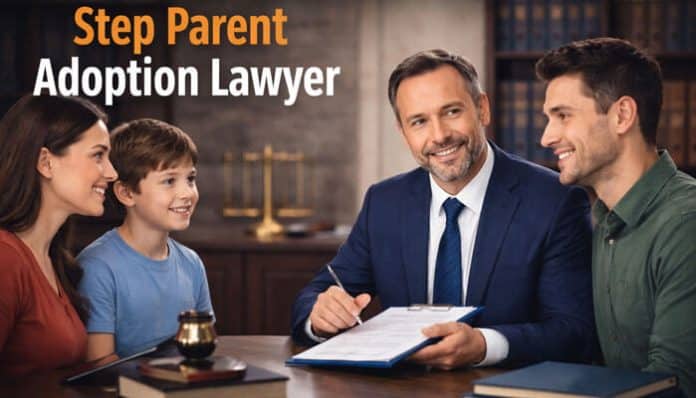 Step Parent Adoption Lawyer guiding family through legal adoption process in office consultation
