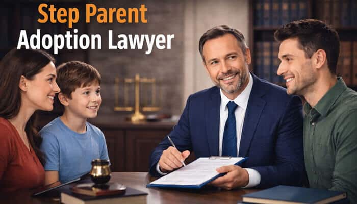 Step Parent Adoption Lawyer guiding family through legal adoption process in office consultation