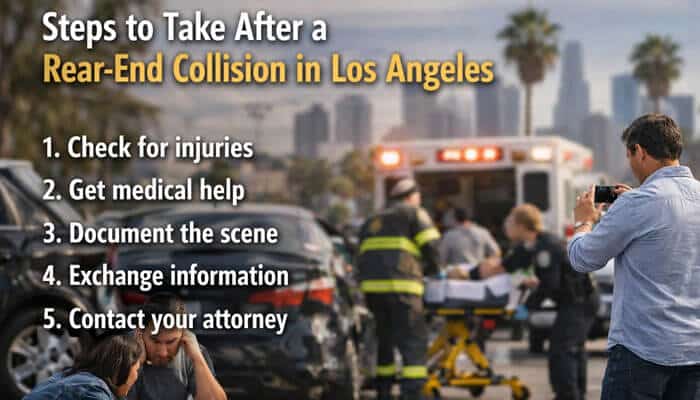 Steps to Take After a Rear-End Collision in Los Angeles - My Legal Opinion - My Legal Opinion Steps to take after a rear-end collision in Los Angeles: Check for injuries, get medical help, document the scene, exchange information, contact your attorney.