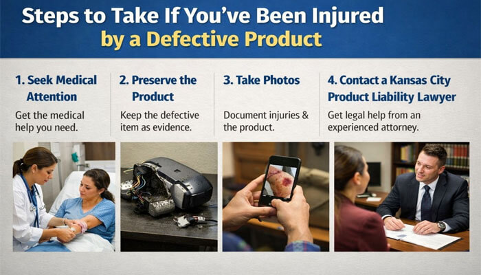 Steps to Take If Youve Been Injured by a Defective Product - My Legal Opinion - My Legal Opinion Steps to Take If You’ve Been Injured by a Defective Product. The image shows four important steps: seeking medical attention, preserving the defective product, taking photos of injuries and the product, and contacting a Kansas City Product Liability Lawyer for legal help.
