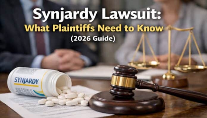 Synjardy Lawsuit: Pills and gavel on legal papers representing ongoing lawsuits and claims related to Synjardy side effects in 2026.