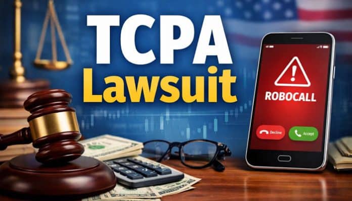 TCPA Lawsuit graphic featuring a gavel and smartphone showing a robocall alert, symbolizing the legal actions taken against unsolicited calls and text messages under the TCPA.