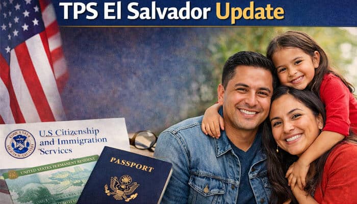 TPS El Salvador Update - My Legal Opinion - My Legal Opinion TPS to Green Card pathway for Salvadoran families shown with USCIS document, U.S. passport, green card, and family portrait symbolizing TPS El Salvador update and options for permanent residency through family-based immigration and adjustment of status