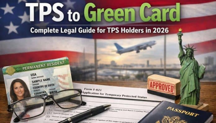 TPS to Green Card process illustrated with U.S. flag, permanent resident card, passport, Form I-821 application, and approval stamp representing legal pathways for Temporary Protected Status holders seeking permanent residency in 2026