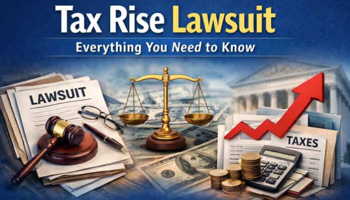 Tax Rise Lawsuit: Everything You Need to Know, with visuals of legal documents, gavel, scales of justice, rising taxes, and a calculator.