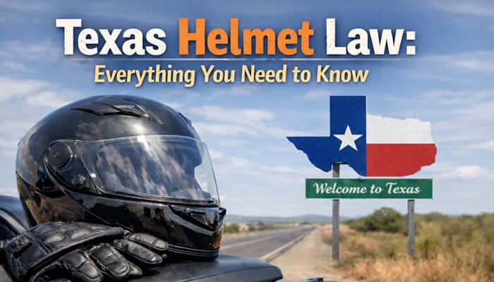 Texas Helmet Law: Motorcycle helmet with gloves and the Texas Welcome sign in the background.