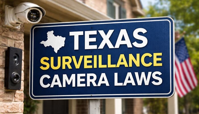 Texas Surveillance Camera Laws sign with a surveillance camera mounted on a wall, highlighting the state’s regulations for installing cameras in legal areas.