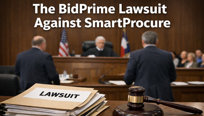 The BidPrime Lawsuit Against SmartProcure - My Legal Opinion - My Legal Opinion Is SmartProcure Legit? The BidPrime Lawsuit Against SmartProcure is examined in the courtroom, showcasing legal proceedings and lawsuit documents.