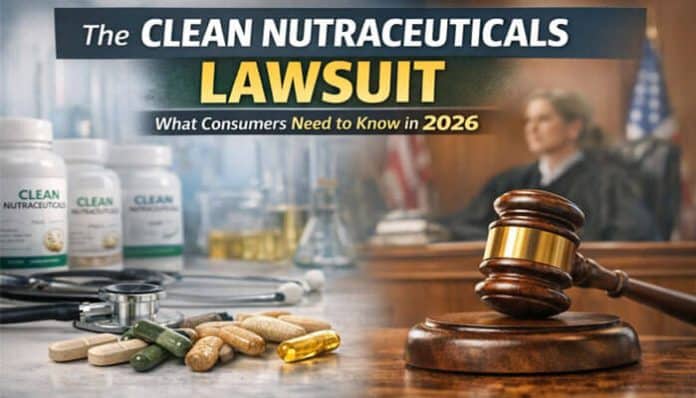 Clean Nutraceuticals Lawsuit: What Consumers Need to Know in 2026 – Image showing a courtroom with a gavel and Clean Nutraceuticals products, illustrating the legal implications and consumer rights in the lawsuit.