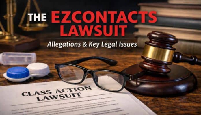 Image showcasing the EZContacts lawsuit with a gavel, glasses, and a class action lawsuit document, symbolizing the legal issues and allegations surrounding EZContacts.