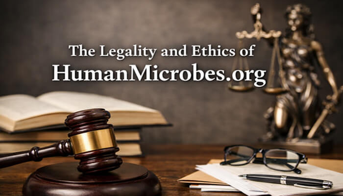 The Legality and Ethics of HumanMicrobes.org - My Legal Opinion - My Legal Opinion Is HumanMicrobes.org Legit? The Legality and Ethics of HumanMicrobes.org displayed with a gavel and law books, emphasizing the legal perspective of stool donation and FMT services.
