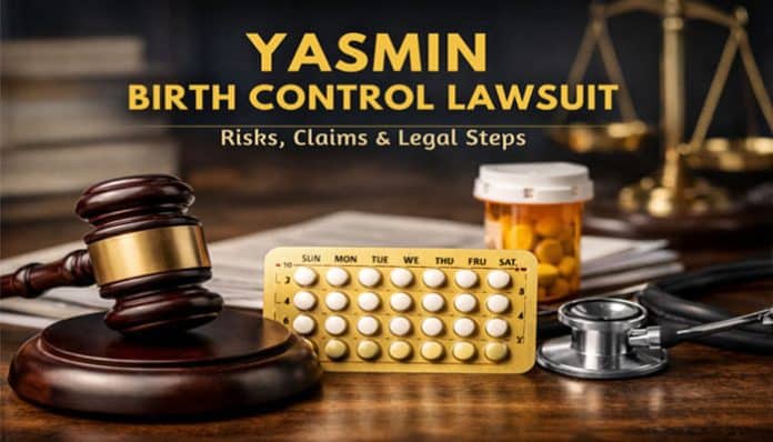 Yasmin Birth Control Lawsuit - Risks, Claims, and Legal Steps, featuring a gavel, pill bottle, and a pack of Yasmin birth control pills.
