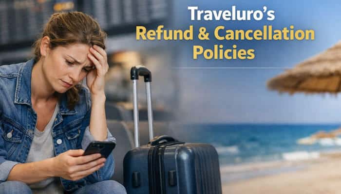 Traveluros Refund and Cancellation Policies - My Legal Opinion - My Legal Opinion Is Traveluro Legit – worried traveler checking phone beside luggage at beach after booking, highlighting Traveluro refund and cancellation policy concerns, including non-refundable bookings, strict terms, delayed refunds, and third-party travel site risks