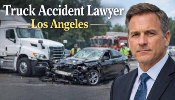 Truck Accident Lawyer in Los Angeles standing in front of a truck collision scene, promoting a complete legal guide for injury claims in 2026.