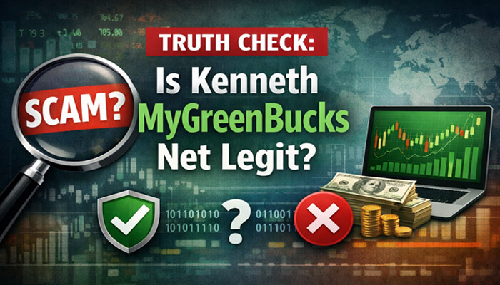 Truth Check Is Kenneth MyGreenBucks Net Legit - My Legal Opinion - My Legal Opinion Truth Check: Is Kenneth MyGreenBucks.Net Legit? – A magnifying glass over the word 'SCAM?' and a graph with currency symbols, questioning the legitimacy of MyGreenBucks.Net.