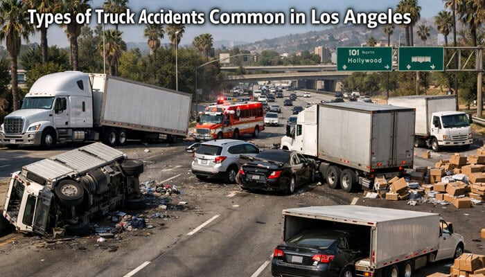 Types of Truck Accidents Common in Los Angeles - My Legal Opinion - My Legal Opinion A severe truck accident scene on a Los Angeles highway, showing multiple vehicles involved and emergency responders, with a focus on common types of truck accidents in the area.