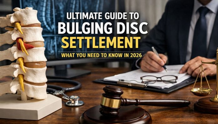 Ultimate Guide to Bulging Disc Settlement, with a visual of spinal anatomy and legal tools, highlighting essential information for navigating bulging disc injury settlements in 2026.