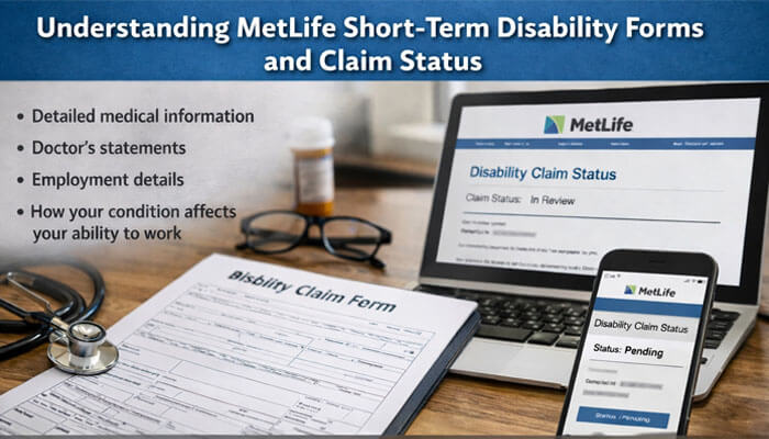 Understanding MetLife Short-Term Disability Forms and Claim Status - My Legal opinion - My Legal Opinion Understanding MetLife Short-Term Disability Forms and Claim Status: A medical claim form on a desk, along with a laptop and mobile device displaying the MetLife disability claim status, showcasing the steps in the disability claim process.