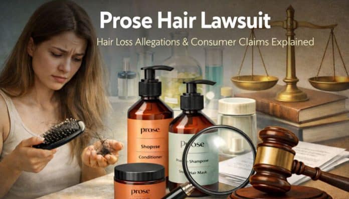Prose Hair Lawsuit: Hair loss allegations and consumer claims explained, with images of Prose haircare products and a gavel in the background.