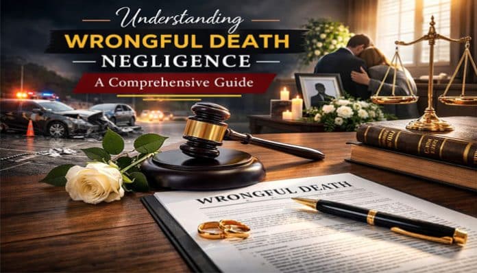 Understanding Wrongful Death Negligence: A Comprehensive Guide, showing a gavel, legal documents titled 'Wrongful Death', a rose, and a grieving family scene with a police car in the background.